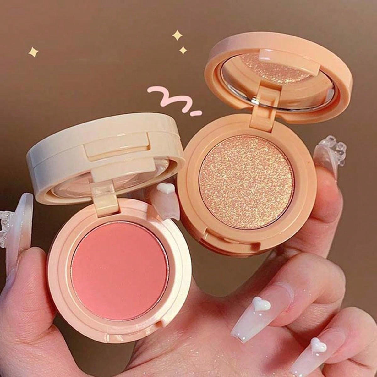 Shein - 3-Color Highlighter & Blush Palette, Shimmer Long-Lasting Matte Blush With Mirror