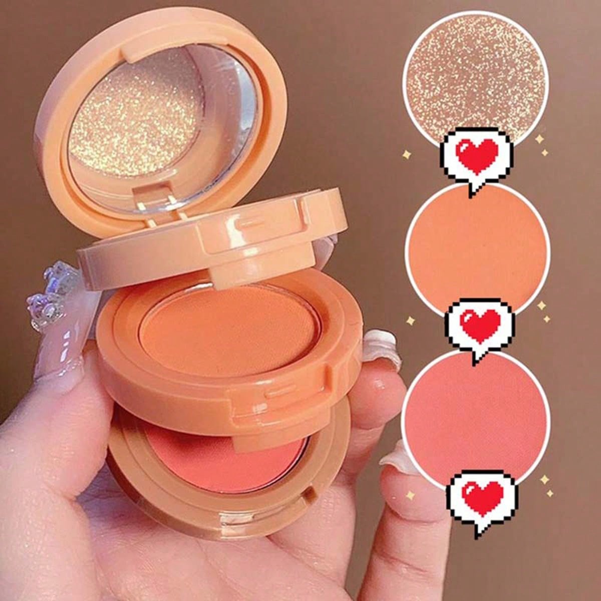 Shein - 3-Color Highlighter & Blush Palette, Shimmer Long-Lasting Matte Blush With Mirror