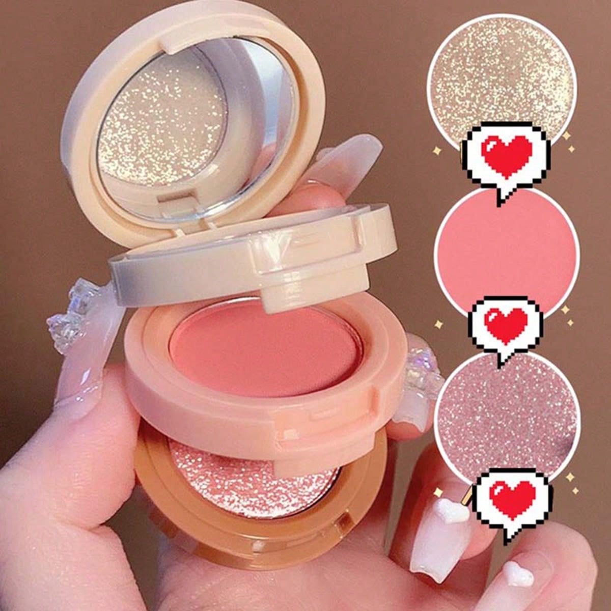 Shein - 3-Color Highlighter & Blush Palette, Shimmer Long-Lasting Matte Blush With Mirror