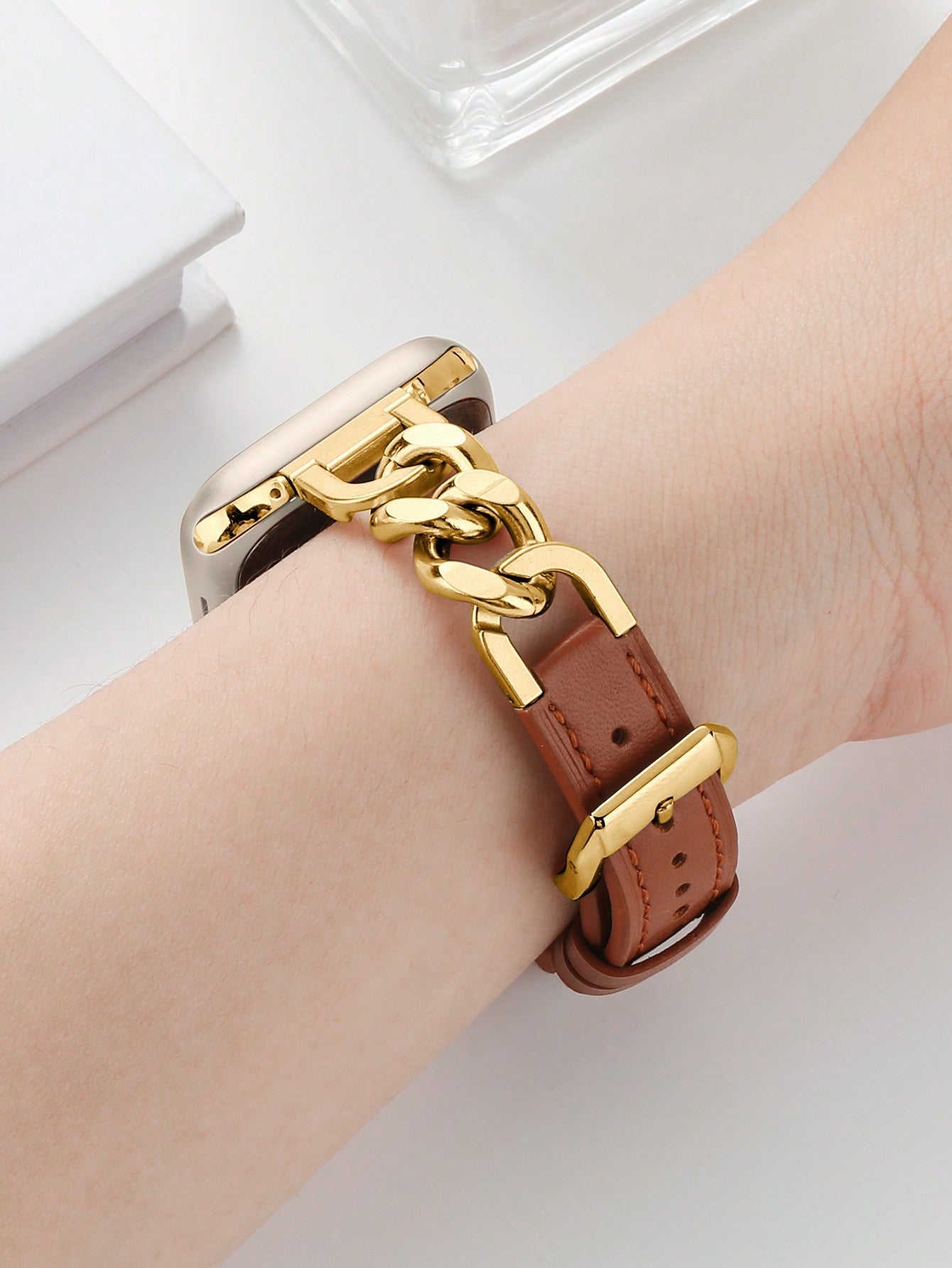 Shein - Genuine Leather Chain Bracelet With Compatible Apple Watch Se/6/5/4/3/2/1 And Stainless Steel Band For Apple Watch