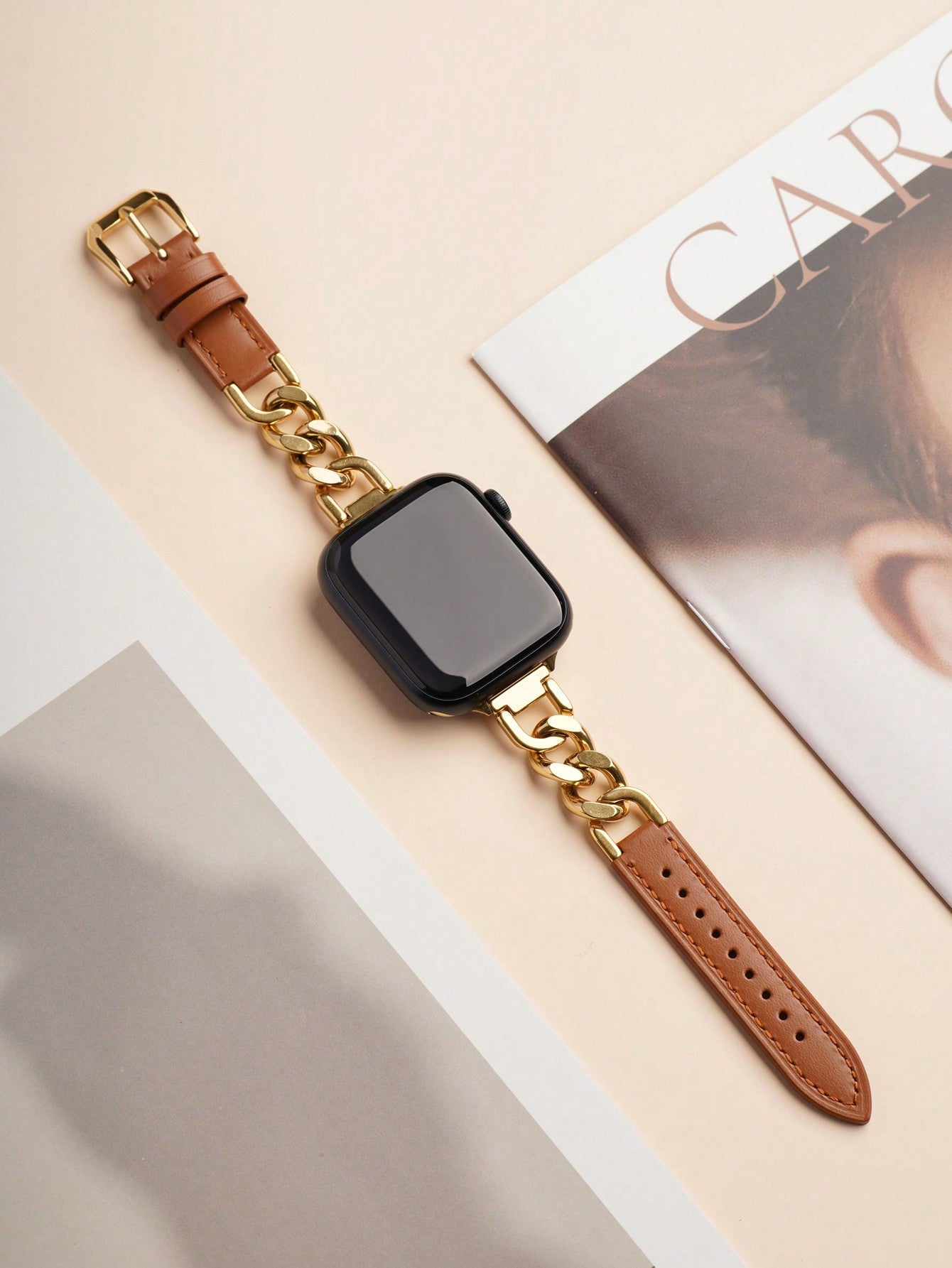 Shein - Genuine Leather Chain Bracelet With Compatible Apple Watch Se/6/5/4/3/2/1 And Stainless Steel Band For Apple Watch