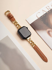 Shein - Genuine Leather Chain Bracelet With Compatible Apple Watch Se/6/5/4/3/2/1 And Stainless Steel Band For Apple Watch