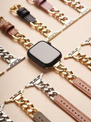 Shein - Genuine Leather Chain Bracelet With Compatible Apple Watch Se/6/5/4/3/2/1 And Stainless Steel Band For Apple Watch