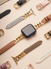 Shein - Genuine Leather Chain Bracelet With Compatible Apple Watch Se/6/5/4/3/2/1 And Stainless Steel Band For Apple Watch