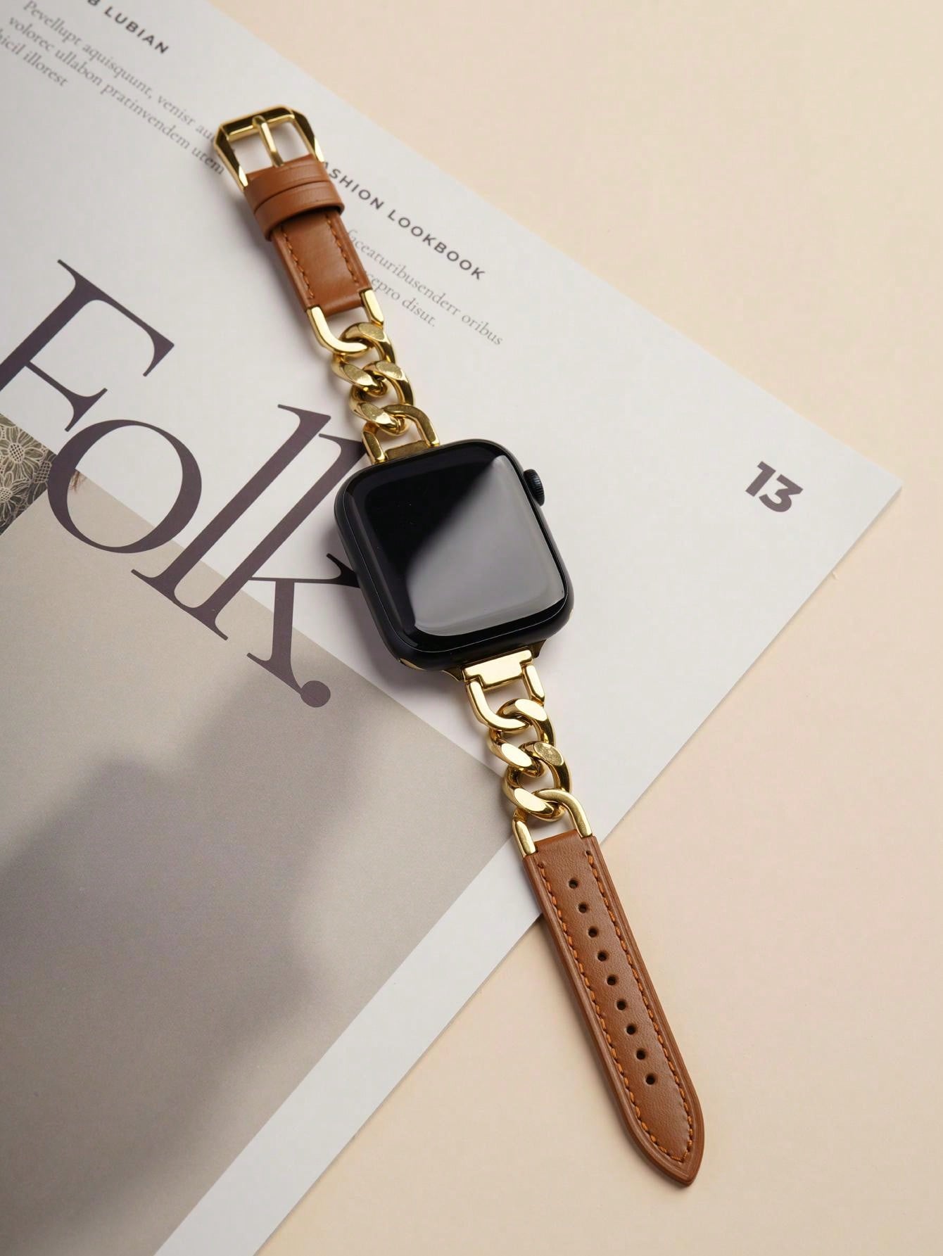 Shein - Genuine Leather Chain Bracelet With Compatible Apple Watch Se/6/5/4/3/2/1 And Stainless Steel Band For Apple Watch