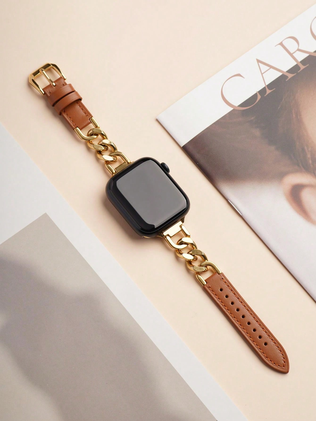 Shein - Genuine Leather Chain Bracelet With Compatible Apple Watch Se/6/5/4/3/2/1 And Stainless Steel Band For Apple Watch