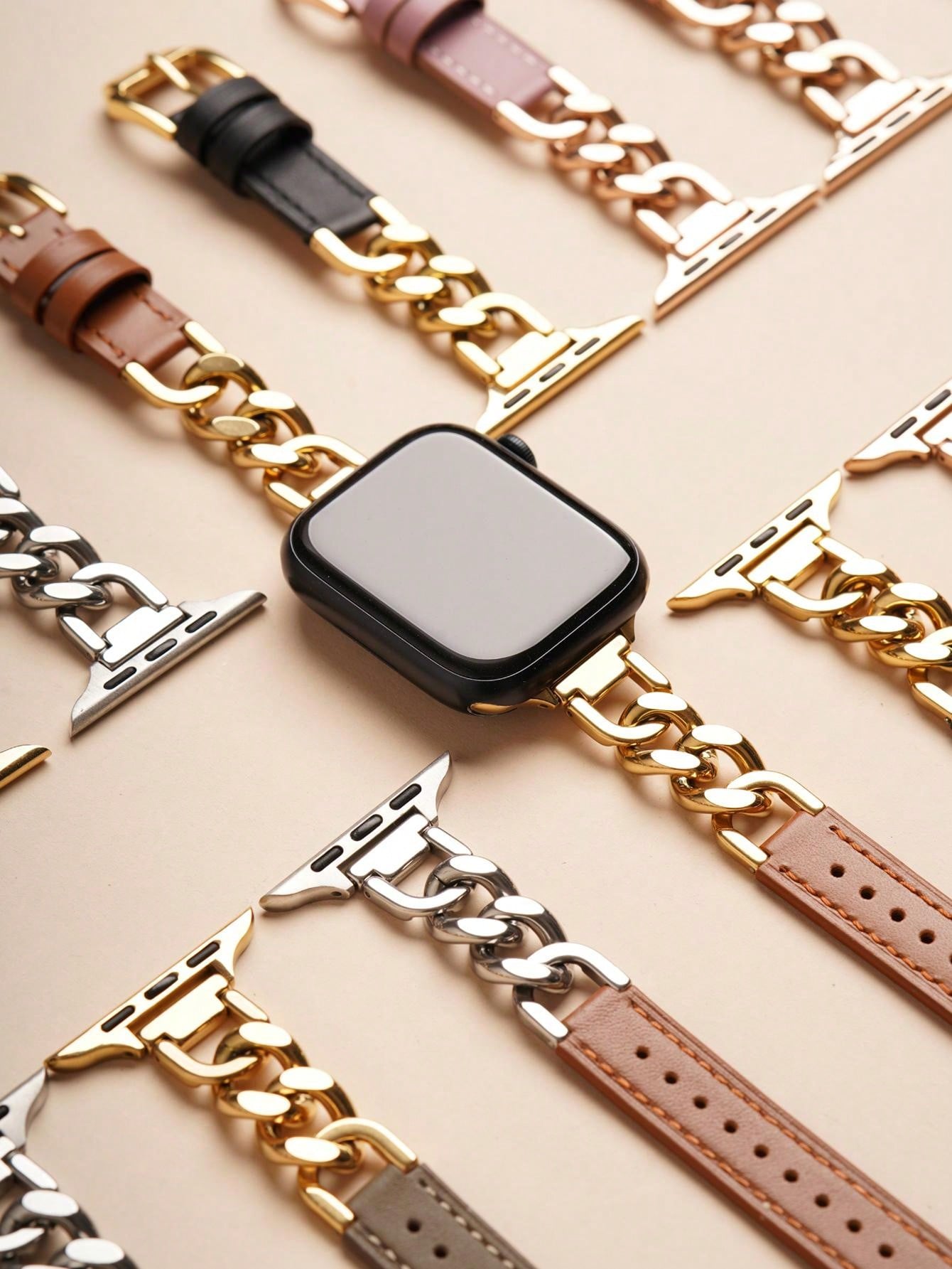 Shein - Genuine Leather Chain Bracelet With Compatible Apple Watch Se/6/5/4/3/2/1 And Stainless Steel Band For Apple Watch