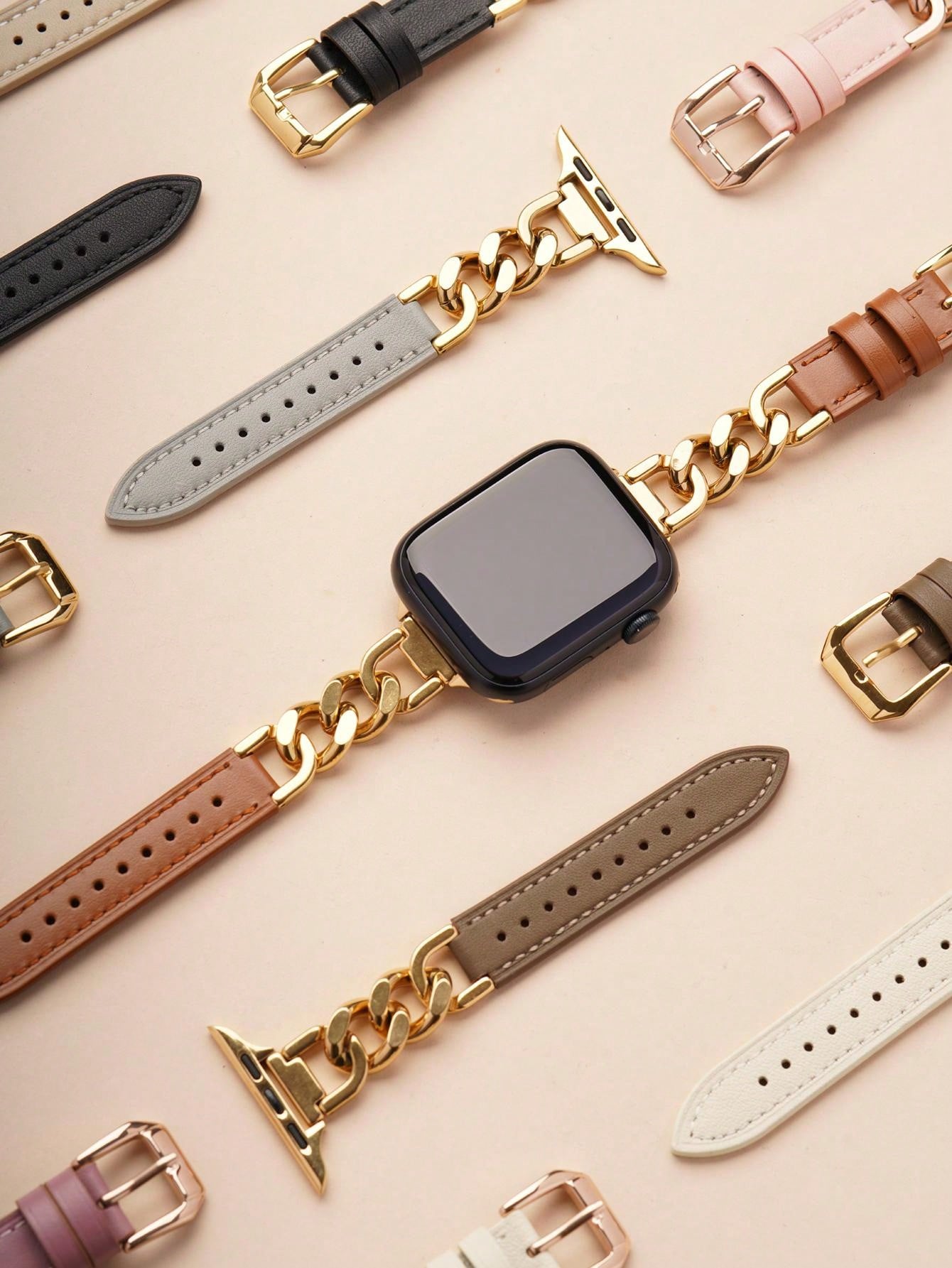 Shein - Genuine Leather Chain Bracelet With Compatible Apple Watch Se/6/5/4/3/2/1 And Stainless Steel Band For Apple Watch