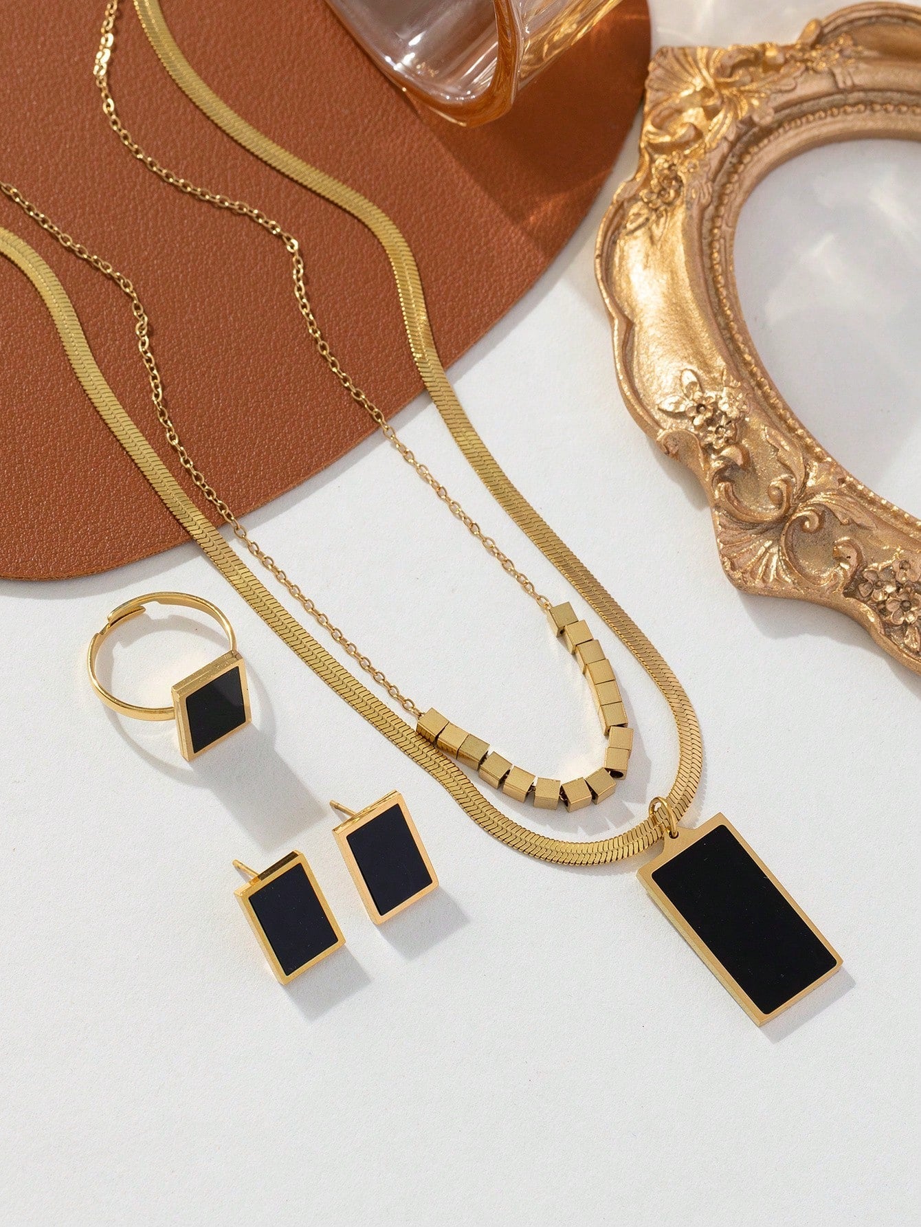 Shein - 3Pcs/Set Fashionable Stainless Steel Gold Double Chain Square Black Card With Steel Beads Necklace, Earrings, Ring Set For Women