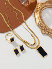 Shein - 3Pcs/Set Fashionable Stainless Steel Gold Double Chain Square Black Card With Steel Beads Necklace, Earrings, Ring Set For Women