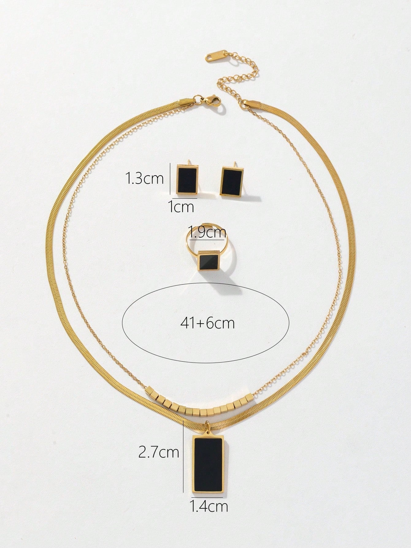 Shein - 3Pcs/Set Fashionable Stainless Steel Gold Double Chain Square Black Card With Steel Beads Necklace, Earrings, Ring Set For Women