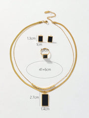 Shein - 3Pcs/Set Fashionable Stainless Steel Gold Double Chain Square Black Card With Steel Beads Necklace, Earrings, Ring Set For Women