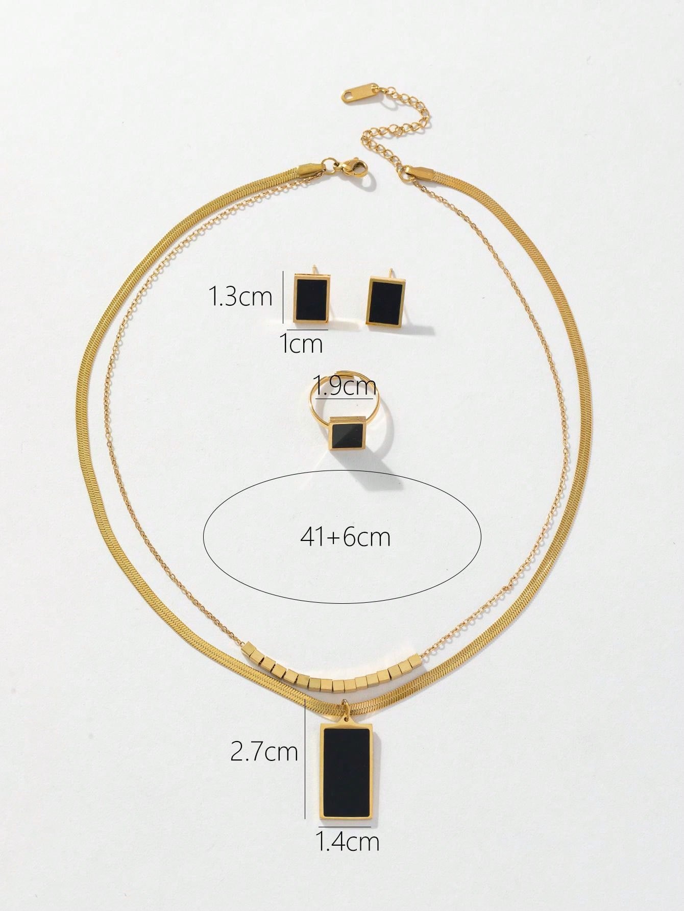 Shein - 3Pcs/Set Fashionable Stainless Steel Gold Double Chain Square Black Card With Steel Beads Necklace, Earrings, Ring Set For Women