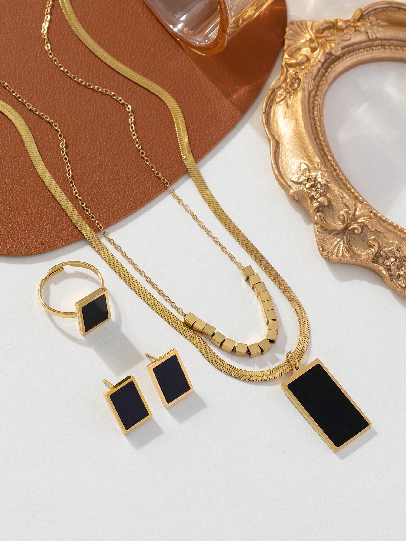 Shein - 3Pcs/Set Fashionable Stainless Steel Gold Double Chain Square Black Card With Steel Beads Necklace, Earrings, Ring Set For Women