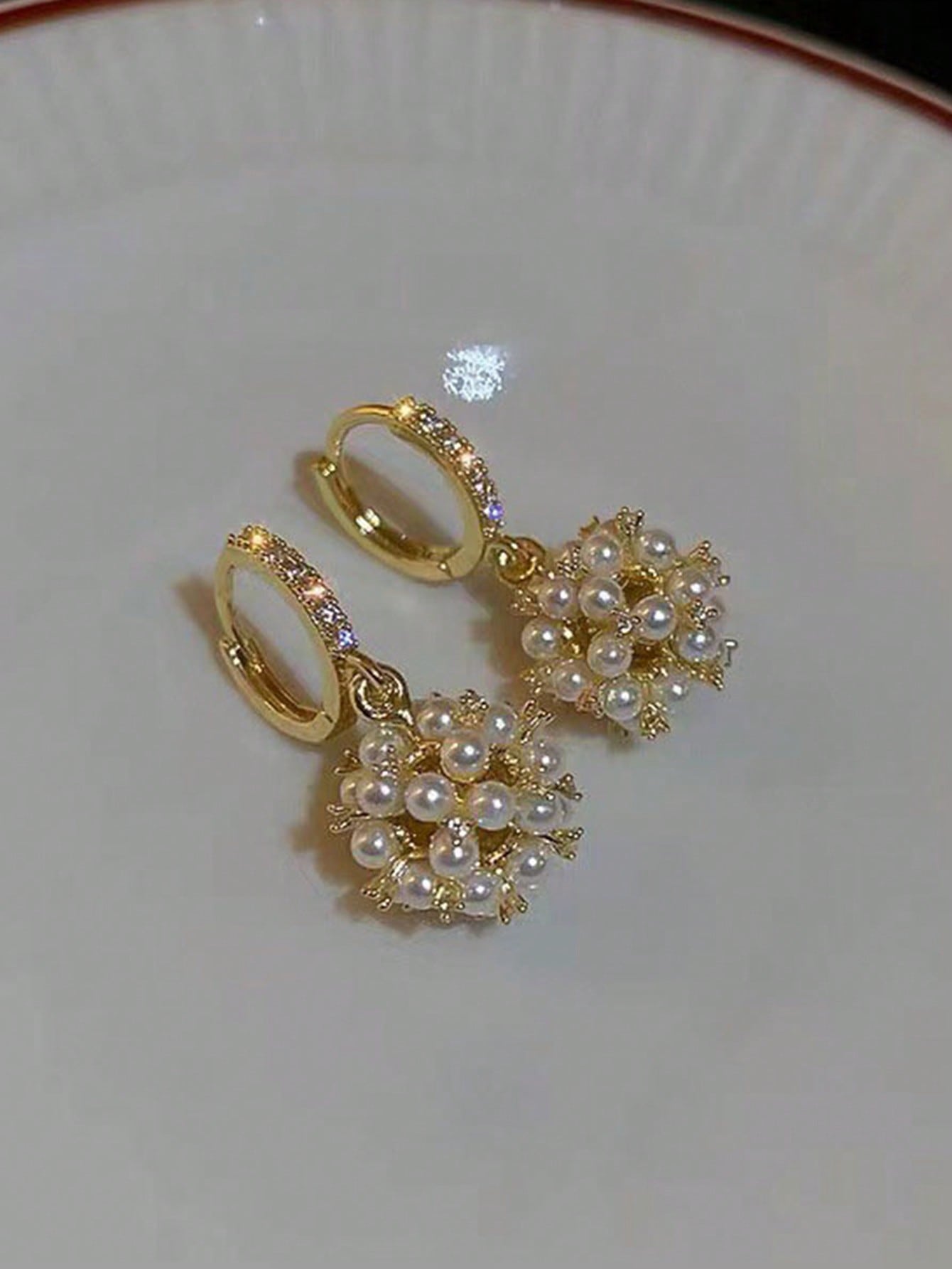 Shein - Faux Pearl & Cubic Zirconia Pendant Hoop Earrings