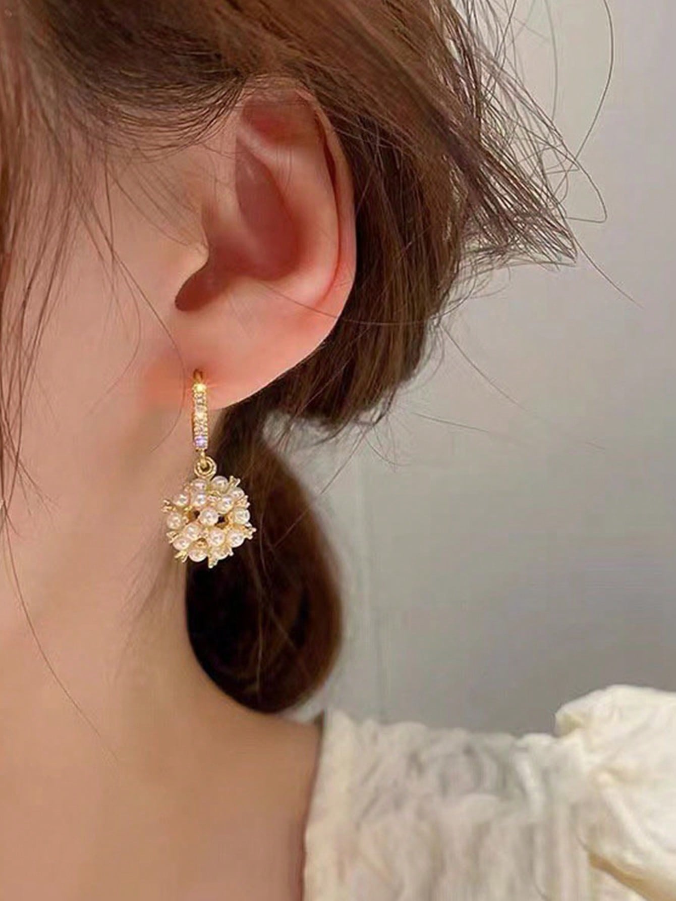 Shein - Faux Pearl & Cubic Zirconia Pendant Hoop Earrings