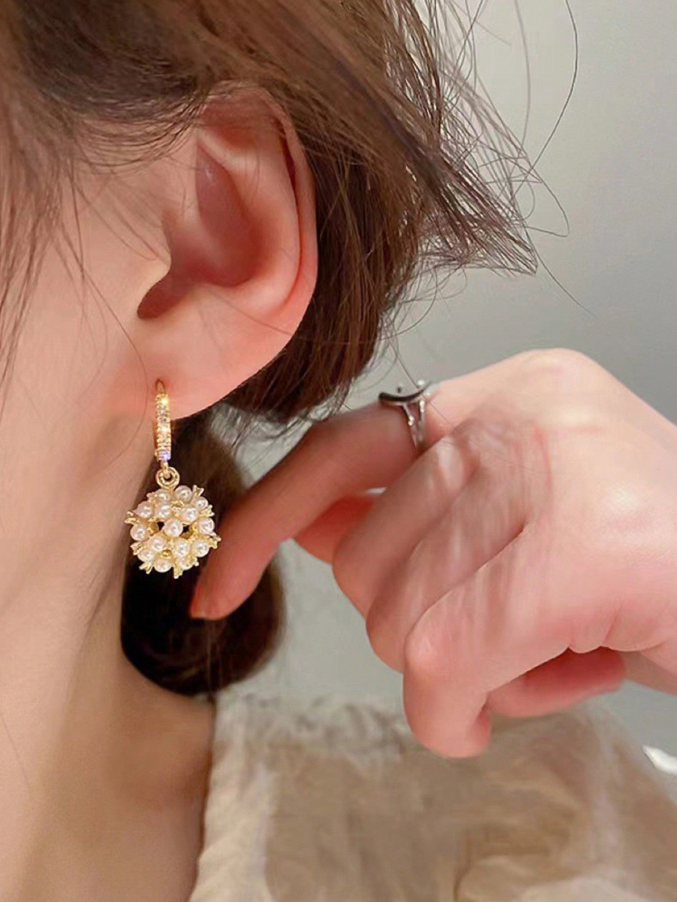 Shein - Faux Pearl & Cubic Zirconia Pendant Hoop Earrings