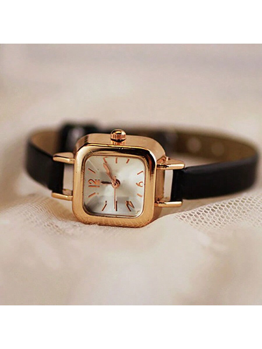 Shein - 1pc Ladies' Quartz Movement Pu Leather Strap Square Dial Wristwatch
