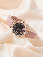 Shein - 6pcs/Set Women's Fashionable Simple Pink Pu Strap Watch With Floral Print Scale Quartz Watch + Pink Rhinestone Decor Watch Accessory Set