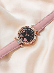 Shein - 6pcs/Set Women's Fashionable Simple Pink Pu Strap Watch With Floral Print Scale Quartz Watch + Pink Rhinestone Decor Watch Accessory Set