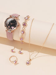 Shein - 6pcs/Set Women's Fashionable Simple Pink Pu Strap Watch With Floral Print Scale Quartz Watch + Pink Rhinestone Decor Watch Accessory Set