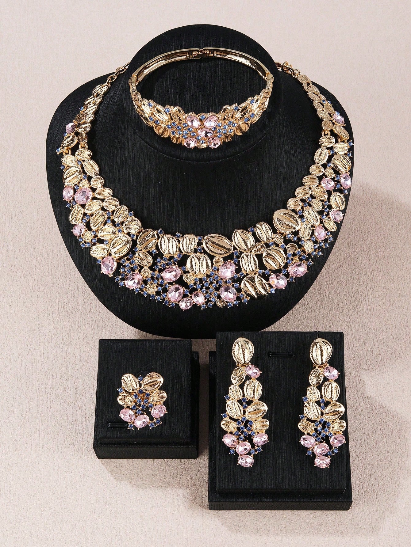 Shein - 5Pcs/Set Gorgeous Colorful Rhinestone Flower Shaped Jewelry Set, Including Necklace, Bracelet, Ring And Earrings, Suitable For Wedding And Elegant Evening Parties