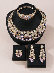 Shein - 5Pcs/Set Gorgeous Colorful Rhinestone Flower Shaped Jewelry Set, Including Necklace, Bracelet, Ring And Earrings, Suitable For Wedding And Elegant Evening Parties