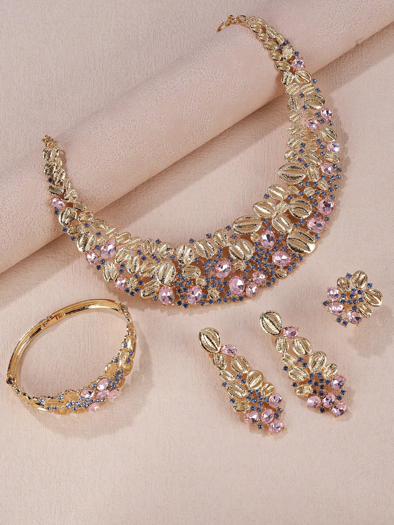 Shein - 5Pcs/Set Gorgeous Colorful Rhinestone Flower Shaped Jewelry Set, Including Necklace, Bracelet, Ring And Earrings, Suitable For Wedding And Elegant Evening Parties