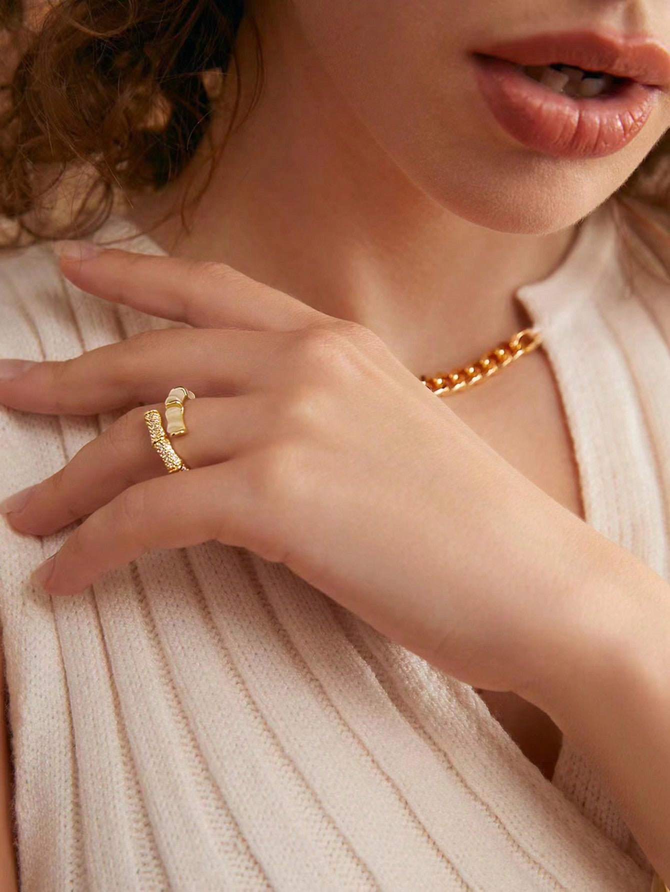 Shein - 1Pc Glamorous Opal & Cubic Zirconia Decor Cuff Ring For Women For Girlfriend'S Gift