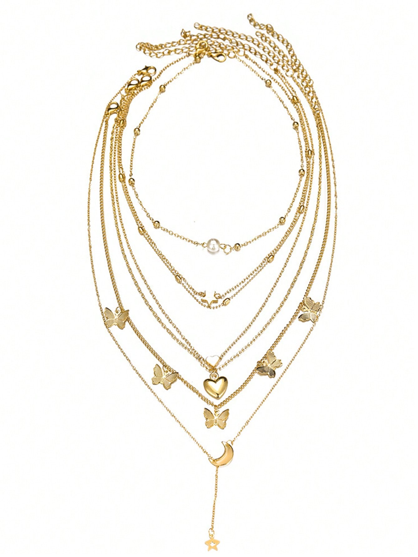 Shein - 6pcs/Set Fashionable Star, Moon, Faux Pearl, Heart & Butterfly Pendant Necklace