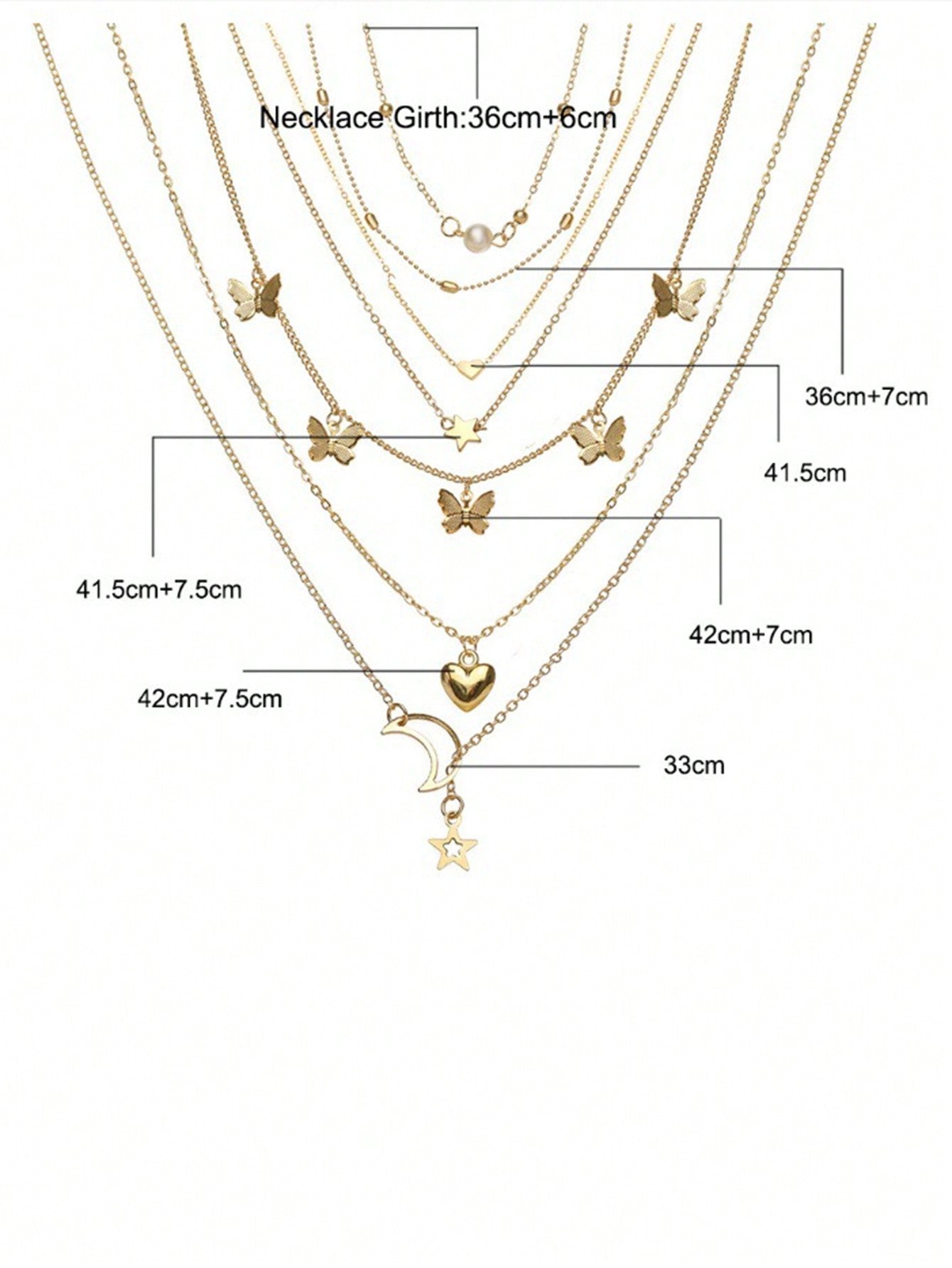 Shein - 6pcs/Set Fashionable Star, Moon, Faux Pearl, Heart & Butterfly Pendant Necklace