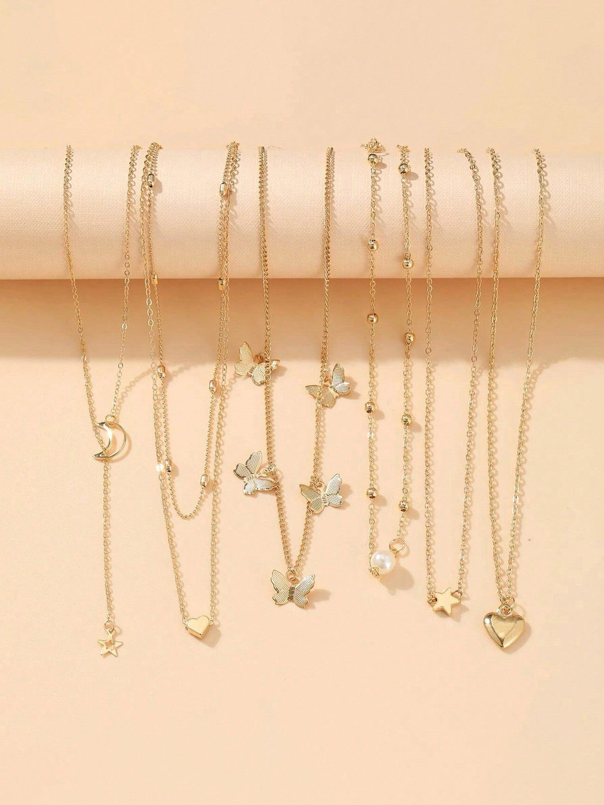 Shein - 6pcs/Set Fashionable Star, Moon, Faux Pearl, Heart & Butterfly Pendant Necklace