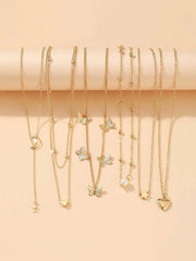 Shein - 6pcs/Set Fashionable Star, Moon, Faux Pearl, Heart & Butterfly Pendant Necklace