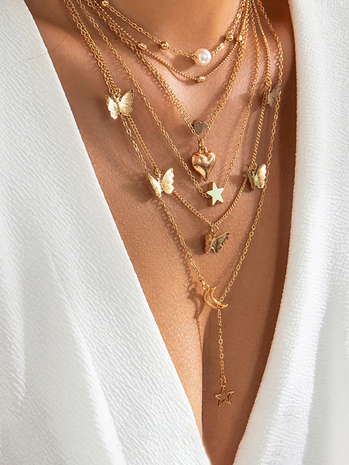 Shein - 6pcs/Set Fashionable Star, Moon, Faux Pearl, Heart & Butterfly Pendant Necklace