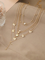 Shein - 6pcs/Set Fashionable Star, Moon, Faux Pearl, Heart & Butterfly Pendant Necklace