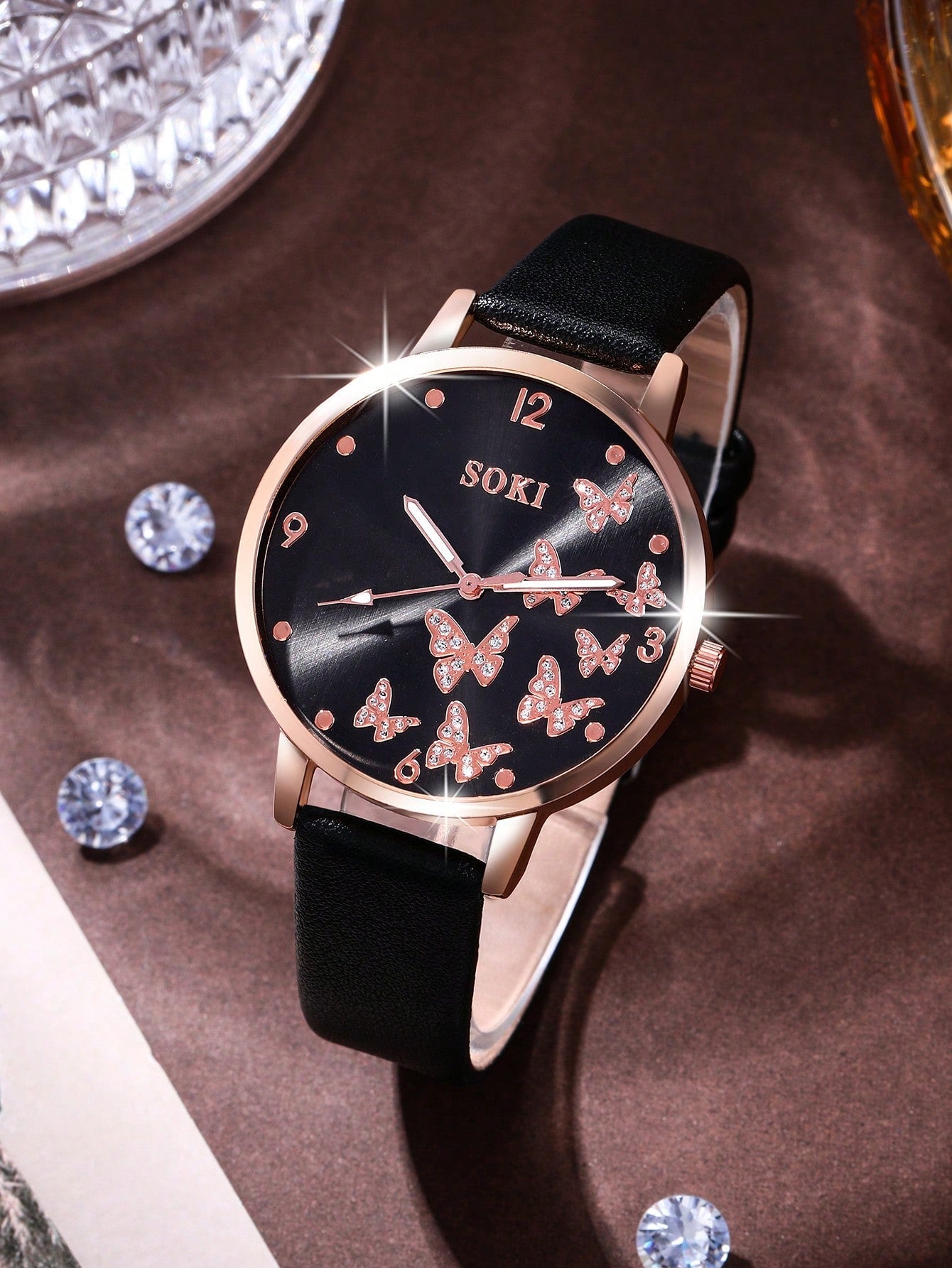 Shein - 1pc Ladies' Simple Quartz Watch With Beige Pu Strap & Butterfly Printed Dial, And 5pcs/set Bracelet Accessory Kit