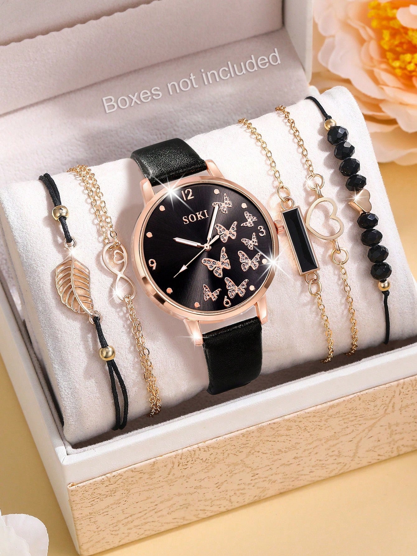 Shein - 1pc Ladies' Simple Quartz Watch With Beige Pu Strap & Butterfly Printed Dial, And 5pcs/set Bracelet Accessory Kit