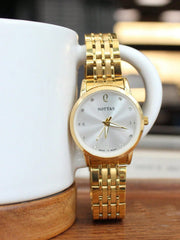 Shein - New Ultra-Thin Gold Color Simple Style Ladies Watch, Korean Version Fashionable Casual Waterproof Quartz Wristwatch With Steel Strap