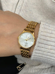 Shein - New Ultra-Thin Gold Color Simple Style Ladies Watch, Korean Version Fashionable Casual Waterproof Quartz Wristwatch With Steel Strap