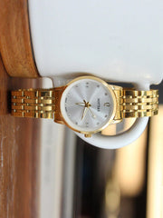 Shein - New Ultra-Thin Gold Color Simple Style Ladies Watch, Korean Version Fashionable Casual Waterproof Quartz Wristwatch With Steel Strap