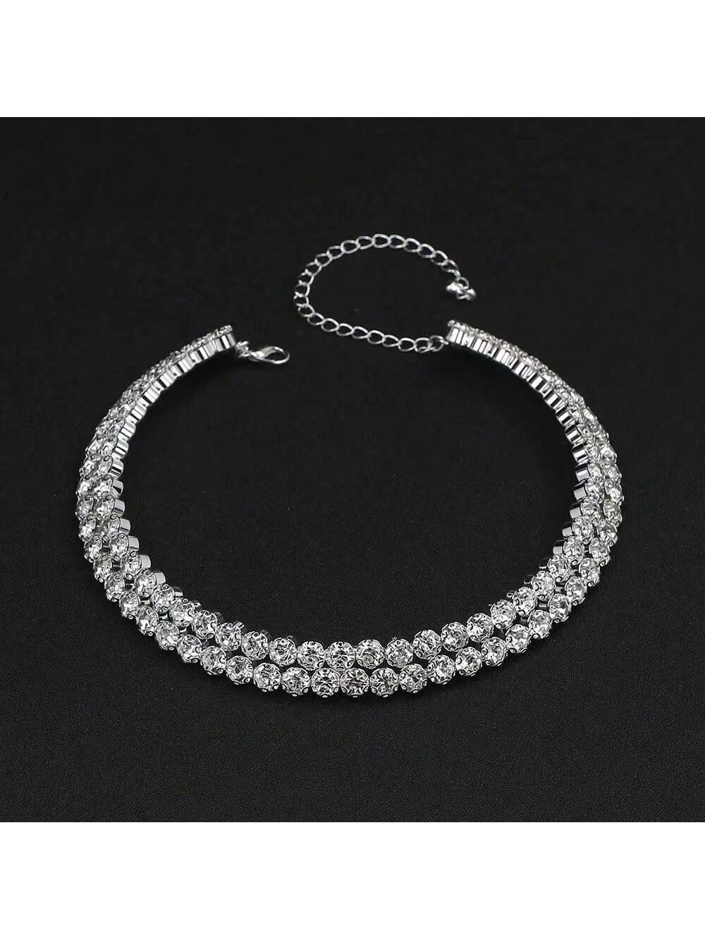 Shein - 1Set Exquisite And Elegant Double Row Rhinestone Necklace, Earrings And Bracelet Set Suitable For Daily Wear And As A Gift For Women