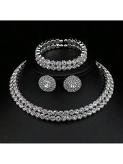 Shein - 1Set Exquisite And Elegant Double Row Rhinestone Necklace, Earrings And Bracelet Set Suitable For Daily Wear And As A Gift For Women