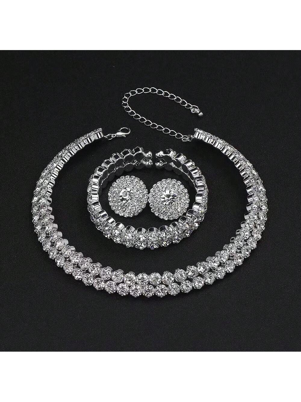 Shein - 1Set Exquisite And Elegant Double Row Rhinestone Necklace, Earrings And Bracelet Set Suitable For Daily Wear And As A Gift For Women