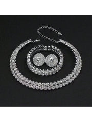Shein - 1Set Exquisite And Elegant Double Row Rhinestone Necklace, Earrings And Bracelet Set Suitable For Daily Wear And As A Gift For Women