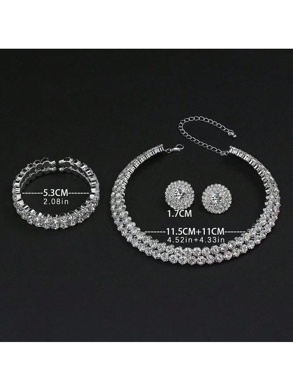 Shein - 1Set Exquisite And Elegant Double Row Rhinestone Necklace, Earrings And Bracelet Set Suitable For Daily Wear And As A Gift For Women