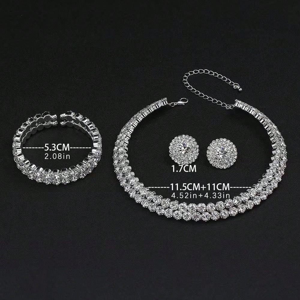 Shein - 1Set Exquisite And Elegant Double Row Rhinestone Necklace, Earrings And Bracelet Set Suitable For Daily Wear And As A Gift For Women