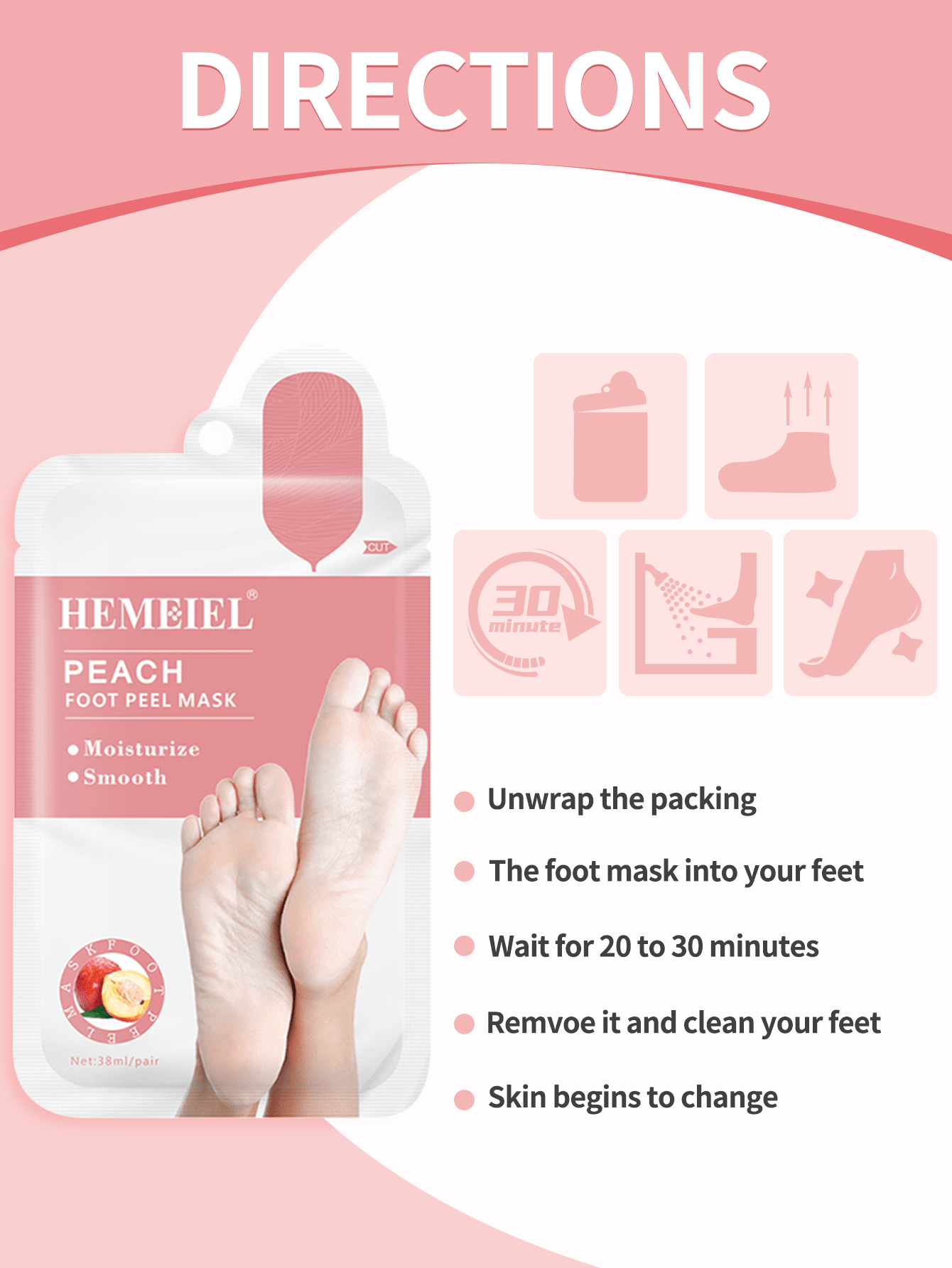 Shein - Peach For Dry, Aging, Cracked Foot Peel Mask 4Pcs,Moisturizing Foot Peel Mask, Sloughs Off Dead Skin Cells,For Women And Men