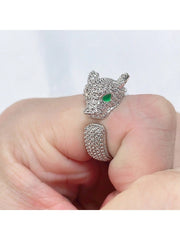 Shein - 1Pc Fashionable Cubic Zirconia Inlaid Leopard Shaped Ring With Green Gemstone Eye Decoration, Perfect For Women & Men As Daily Wear Or Gift To Friends