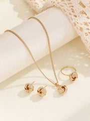 Shein -  1set Hollow Out Knotting 3d Circle Shaped Ring, Earrings And Necklace