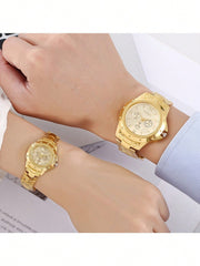 Shein - 2pcs Watches For Men And Women, Electronic Quartz Watch With Steel Strap, Gift For Couple